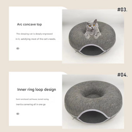 Dark grey Felt Donut Cat Bed with Zipper Tunnel Toy, Double-Layer Pet Cave for Cats, M Size (50x20cm), Cozy Hideaway for Indoor Cats.