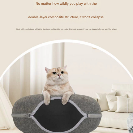 Dark grey Felt Donut Cat Bed with Zipper Tunnel Toy, Double-Layer Pet Cave for Cats, M Size (50x20cm), Cozy Hideaway for Indoor Cats.