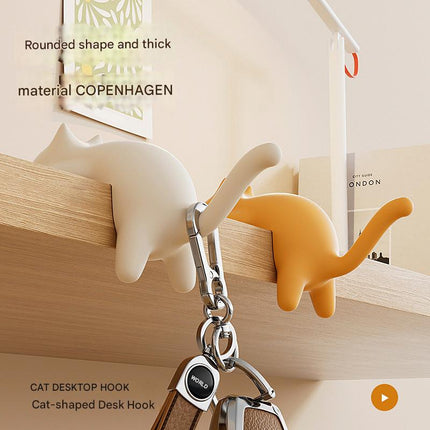 4-Pack Cat-Shaped Desk Hooks - No-Drill Adhesive Mount, Multi-Functional Side Table Organizer for Students & Home Office, Includes Black, Yellow, Pink & White ABS Plastic Hooks.