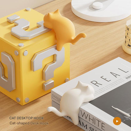 4-Pack Cat-Shaped Desk Hooks - No-Drill Adhesive Mount, Multi-Functional Side Table Organizer for Students & Home Office, Includes Black, Yellow, Pink & White ABS Plastic Hooks.