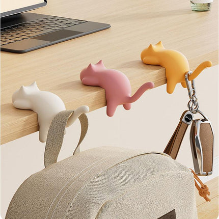4-Pack Cat-Shaped Desk Hooks - No-Drill Adhesive Mount, Multi-Functional Side Table Organizer for Students & Home Office, Includes Black, Yellow, Pink & White ABS Plastic Hooks.