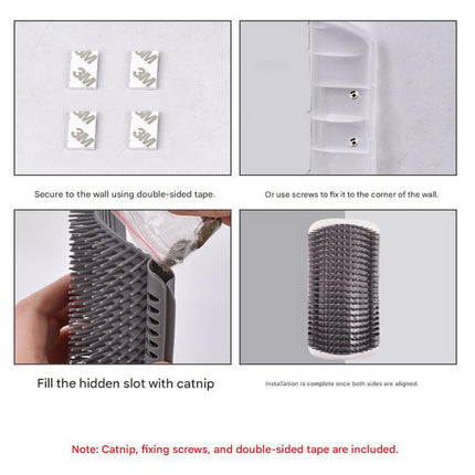 Grey Cat Corner Grooming Brush Set, 2-Piece Wall-Mounted Self-Groomer with Catnip, 288 & 314 Bristles, No-Shed Design for Scratching & Itch Relief, Large & Small Size Pet Grooming Tool.