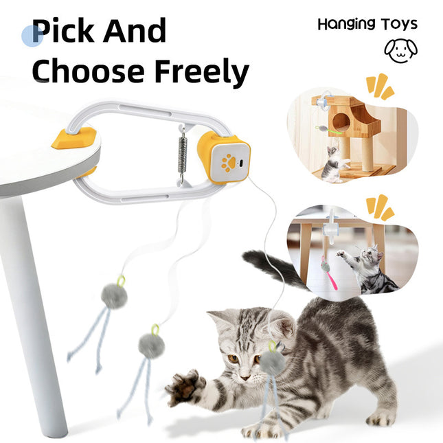 Electric Interactive Cat Teaser with Remote Control & Door Clip – Dual-Mode Swinging & Rotating Motion, Auto 15-Minute Play, Safe ABS Material, Includes 4 Tail Toys, for Cats & Small Pets.