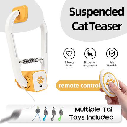 Electric Interactive Cat Teaser with Remote Control & Door Clip – Dual-Mode Swinging & Rotating Motion, Auto 15-Minute Play, Safe ABS Material, Includes 4 Tail Toys, for Cats & Small Pets.