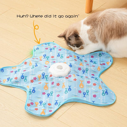 Automatic Cat Hunting Game Mat with 360° Teaser Wand, USB-C Rechargeable Interactive Pet Toy for Indoor Cats, Self-Entertainment Hide-and-Seek Play Mat, Durable Fabric & ABS Construction(Triangular fish design).
