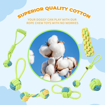 7-Piece Green Durable Cotton Rope Dog Toy Set - Washable Knotted Ball & Tug Toys for Aggressive Chewers, Interactive Teeth Cleaning Pet Toy for Small to Medium Dogs & Cats.