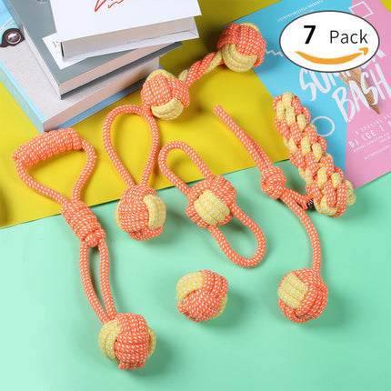 7-Piece Orange-yellow Durable Cotton Rope Dog Toy Set - Washable Knotted Ball & Tug Toys for Aggressive Chewers, Interactive Teeth Cleaning Pet Toy for Small to Medium Dogs & Cats.