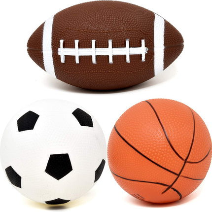 3-Pack 16cm Inflatable Sports Balls Set PVC Mini Soccer Basketball Rugby for Toddlers Kindergarten Outdoor Play Includes Hand Pump for Easy Inflation.