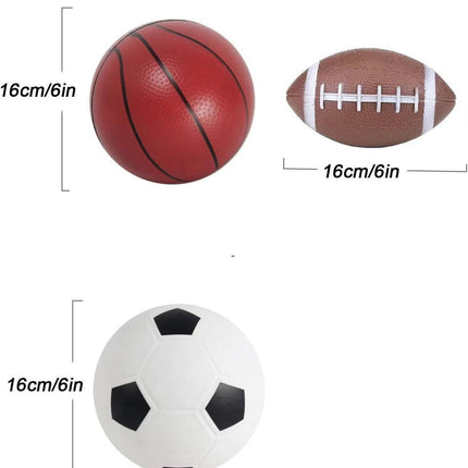 3-Pack 16cm Inflatable Sports Balls Set PVC Mini Soccer Basketball Rugby for Toddlers Kindergarten Outdoor Play Includes Hand Pump for Easy Inflation.
