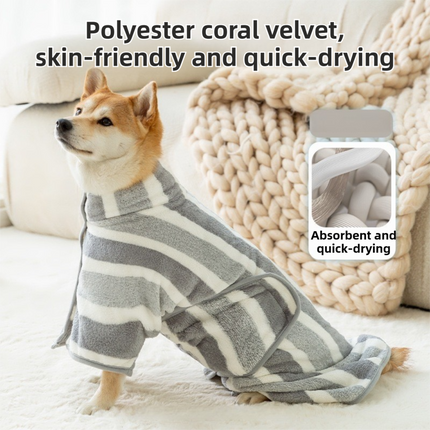 Grey Stripes Super Absorbent Pet Bathrobe with Waist Belt & Neck Snap - Full Coverage Quick-Drying Towel for Dogs & Cats (M Size).