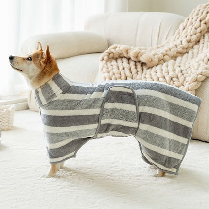 Brown Stripes Super Absorbent Pet Bathrobe with Waist Belt & Neck Snap - Full Coverage Quick-Drying Towel for Dogs & Cats (M Size).