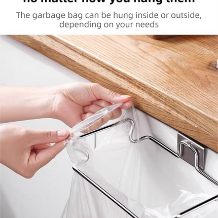 Stainless Steel Wall-Mounted Trash Bag Holder with Curved + V-Sharp Ear Hook  - Heavy Duty Waste Bag Support for Home & Office.