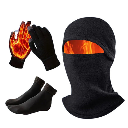 3-in-1 Black Winter Windproof and Thermal Sport Gear - Fleece Balaclava Hood, Touchscreen Gloves & Insulated Socks.
