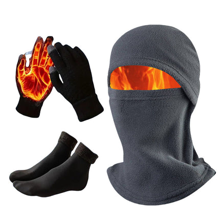 3-in-1 Grey Winter Windproof and Thermal Sport Gear - Fleece Balaclava Hood, Touchscreen Gloves & Insulated Socks.