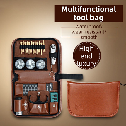 Brown Premium PU Leather Golf Accessory Organizer - Professional Golf Tool Kit Empty Pouch.