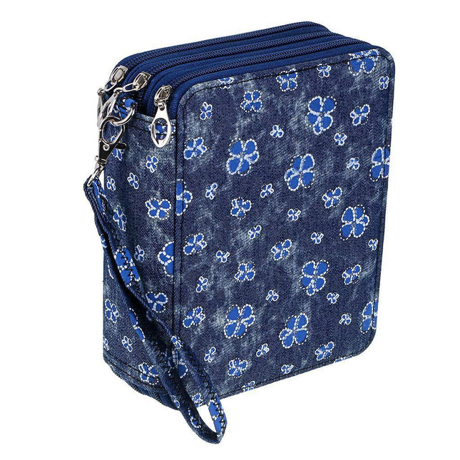 Portable 78-Slot Oxford Cloth Colored Pencil Zipper Case - Large Capacity Sketching & Drawing Stationery Pouch (Denim Flowers).