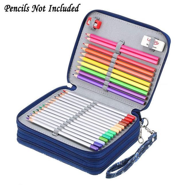 Portable 78-Slot Oxford Cloth Colored Pencil Zipper Case - Large Capacity Sketching & Drawing Stationery Pouch (Blue Flamingos).