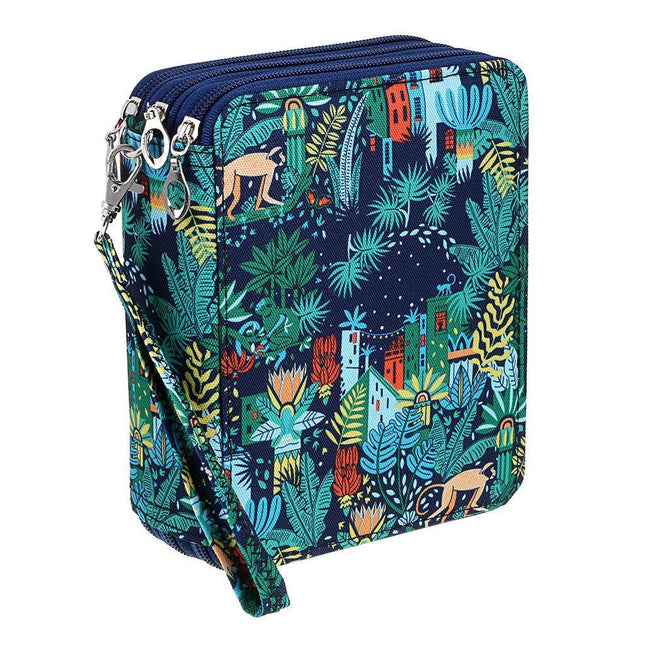Portable 78-Slot Oxford Cloth Colored Pencil Zipper Case - Large Capacity Sketching & Drawing Stationery Pouch (Jungle Monkeys).