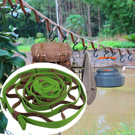 Green and Brown 5.3M Heavy Duty PU Leather Camping Lanyard with 19 Carabiners  - Portable Outdoor Clothesline for Tents & Canopies.