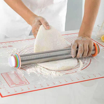 Adjustable Stainless Steel Rolling Pin with 4 Precise Thickness Rings & Clear Measurement Markings.