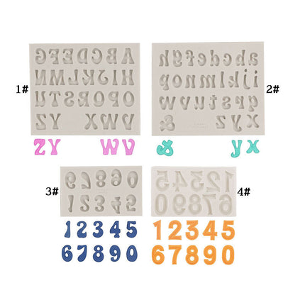 4-Pack Grey Alphabet & Numbers Silicone Fondant Molds - Heat Resistant Cake Decoration & Resin Crafting Tools.