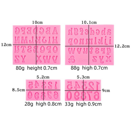 4-Pack Grey Alphabet & Numbers Silicone Fondant Molds - Heat Resistant Cake Decoration & Resin Crafting Tools.