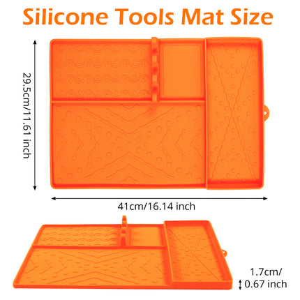 Orange Heavy-Duty Silicone Griddle Tool Mat Integrated Tool & Bottle Slots - Non-Stick BBQ Tool Draining Grease Mat and Seasoning Station.