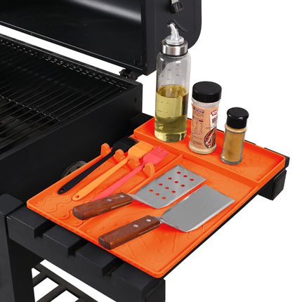 Orange Heavy-Duty Silicone Griddle Tool Mat Integrated Tool & Bottle Slots - Non-Stick BBQ Tool Draining Grease Mat and Seasoning Station.