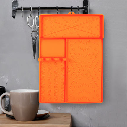 Orange Heavy-Duty Silicone Griddle Tool Mat Integrated Tool & Bottle Slots - Non-Stick BBQ Tool Draining Grease Mat and Seasoning Station.