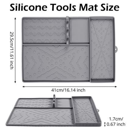 Grey Heavy-Duty Silicone Griddle Tool Mat Integrated Tool & Bottle Slots - Non-Stick BBQ Tool Draining Grease Mat and Seasoning Station.
