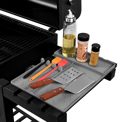 Grey Heavy-Duty Silicone Griddle Tool Mat Integrated Tool & Bottle Slots - Non-Stick BBQ Tool Draining Grease Mat and Seasoning Station.