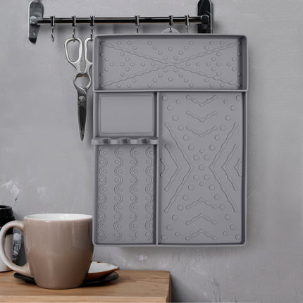 Grey Heavy-Duty Silicone Griddle Tool Mat Integrated Tool & Bottle Slots - Non-Stick BBQ Tool Draining Grease Mat and Seasoning Station.