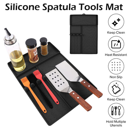 Black Heavy-Duty Silicone Griddle Tool Mat Integrated Tool & Bottle Slots - Non-Stick BBQ Tool Draining Grease Mat and Seasoning Station.