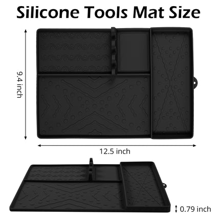 Black Heavy-Duty Silicone Griddle Tool Mat Integrated Tool & Bottle Slots - Non-Stick BBQ Tool Draining Grease Mat and Seasoning Station.
