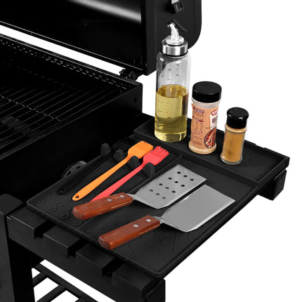 Black Heavy-Duty Silicone Griddle Tool Mat Integrated Tool & Bottle Slots - Non-Stick BBQ Tool Draining Grease Mat and Seasoning Station.