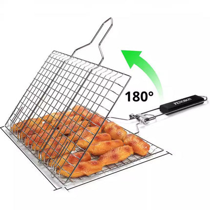 180° Foldable Stainless Steel BBQ Grilling Net Basket with Storage Bag & Secure Lock - Fish, Chicken Wings & Vegetable Barbecue Mesh Clip.