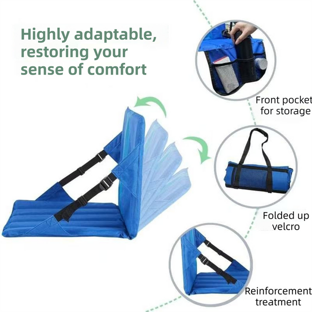 Green Foldable Stadium Seat Cushion with Backrest & Storage Pockets - Portable Roll-Up Outdoor Waterproof Oxford Cloth Bleacher Chair.