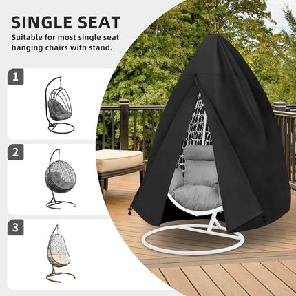 Black Heavy Duty Hanging Egg Chair Shield with Windproof Drawstring and Storage Bag - Waterproof & Dustproof Garden Swing Chair Protector (Single Seat 190 x 115 CM).