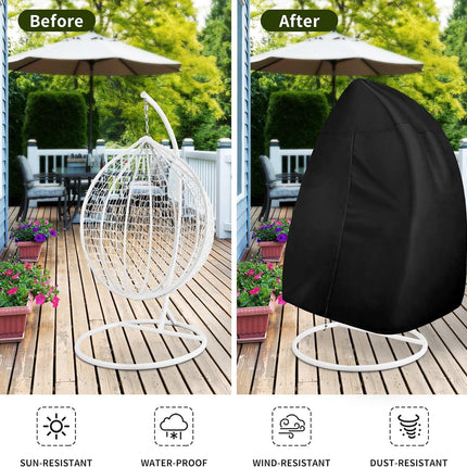 Black Heavy Duty Hanging Egg Chair Shield with Windproof Drawstring and Storage Bag - Waterproof & Dustproof Garden Swing Chair Protector (Single Seat 190 x 115 CM).