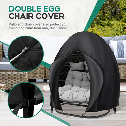 Black Heavy Duty Hanging Egg Chair Shield with Windproof Drawstring and Storage Bag - Waterproof & Dustproof Garden Swing Chair Protector (Double Seat 190 x 115 CM).