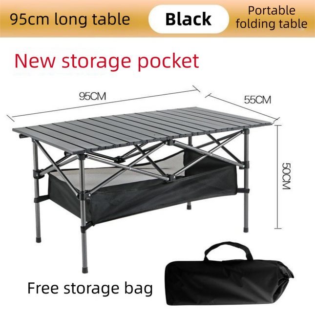 95CM Black Portable Folding Egg Roll Camping Table with Storage Bag & Mesh Net- Heavy-Duty Carbon Steel Picnic Table for 4-6 People.