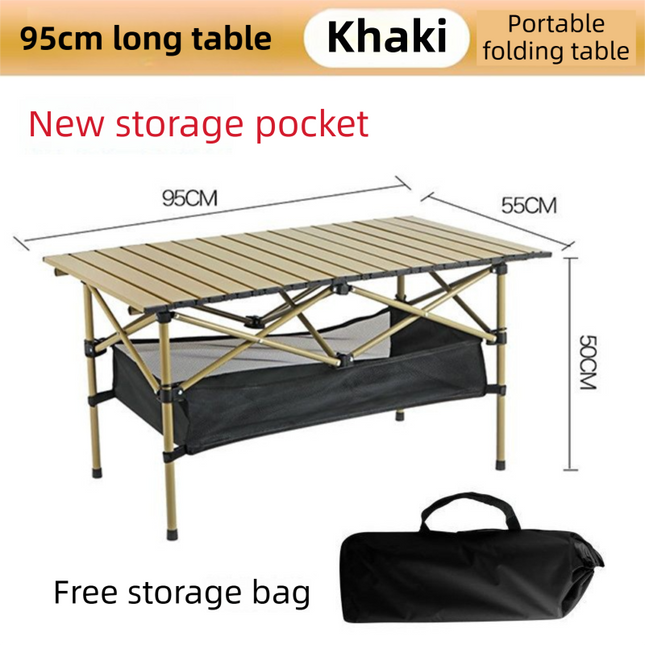 95CM Khaki Portable Folding Egg Roll Camping Table with Storage Bag & Mesh Net- Heavy-Duty Carbon Steel Picnic Table for 4-6 People.