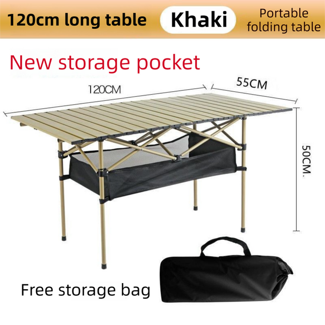 120CM Khaki Portable Folding Egg Roll Camping Table with Storage Bag & Mesh Net- Heavy-Duty Carbon Steel Picnic Table for 6-8 People.