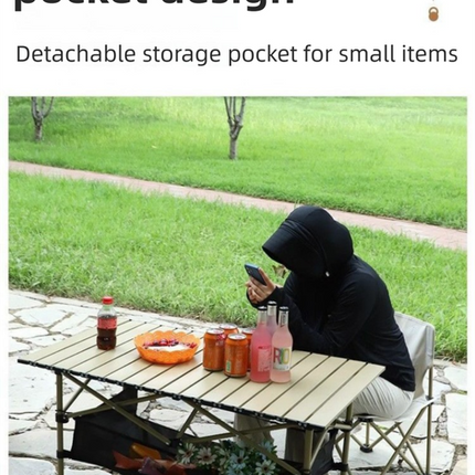 120CM Khaki Portable Folding Egg Roll Camping Table with Storage Bag & Mesh Net- Heavy-Duty Carbon Steel Picnic Table for 6-8 People.