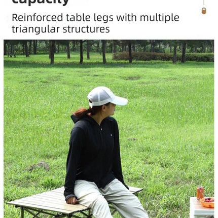 120CM Khaki Portable Folding Egg Roll Camping Table with Storage Bag & Mesh Net- Heavy-Duty Carbon Steel Picnic Table for 6-8 People.