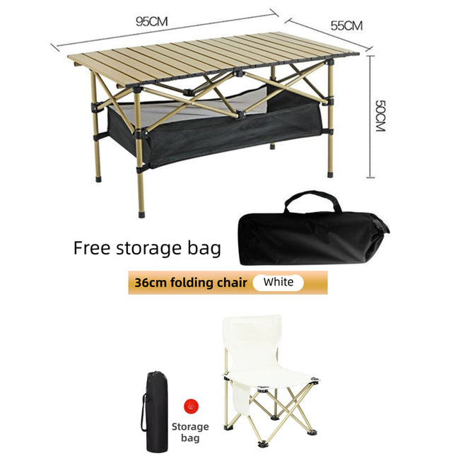 95CM Khaki Portable Folding Egg Roll Camping Table + 4-Pack 36CM Chairs with Storage Bag & Mesh Net- Heavy-Duty Carbon Steel Picnic Table for 4-6 People.