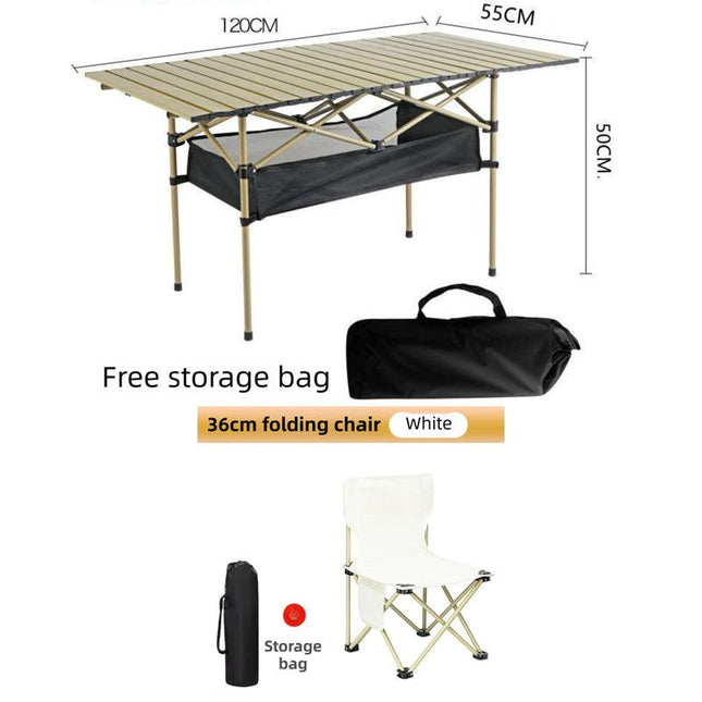 120CM Khaki Portable Folding Egg Roll Camping Table + 4-Pack 36CM Chairs with Storage Bag & Mesh Net- Heavy-Duty Carbon Steel Picnic Table for 6-8 People.
