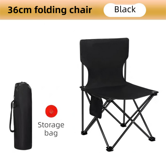 36CM Black Portable Folding Camping Chair with Storage Bag & Pocket - Heavy-Duty Carbon Steel Picnic Chair.