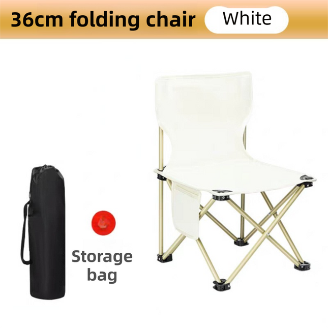 36CM White Portable Folding Camping Chair with Storage Bag & Pocket - Heavy-Duty Carbon Steel Picnic Chair.