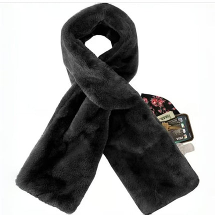 Black Soft Faux Fur Scarf with 15x20CM Hidden Zipper Pocket - Anti-Theft Travel Scarf  for Phone, Passport and Essentials.